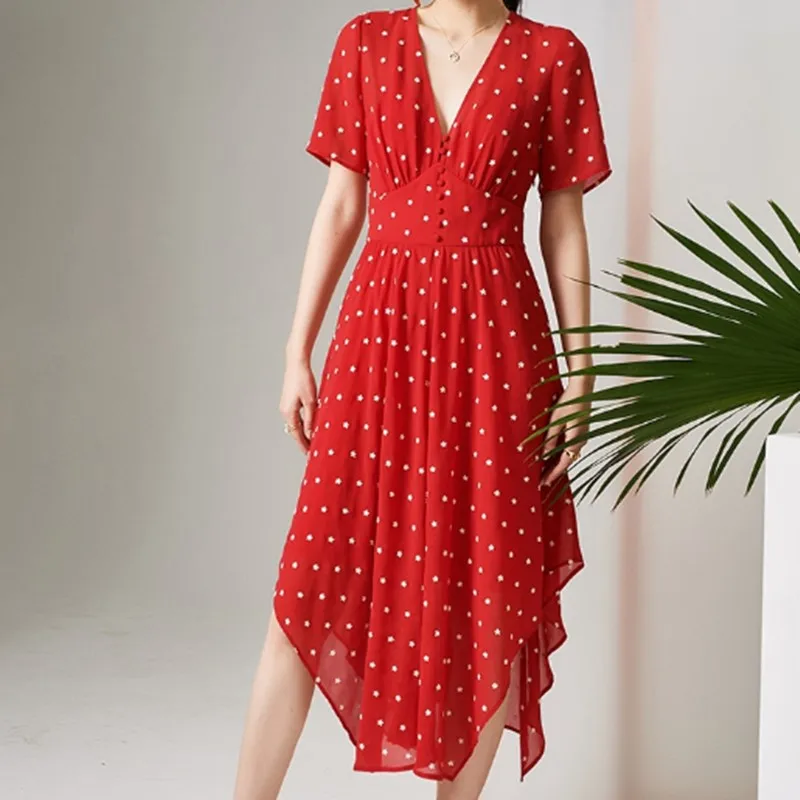 

2020 Summer Floral Embroidery Dress Asymmetric V Neck Two Pieces Dress Short Sleeve Dress