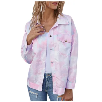 

JAYCOSIN Ladies fashion casual tie-dye printing long-sleeved long jacket Ladies upper pocket buckle button design placket jacket