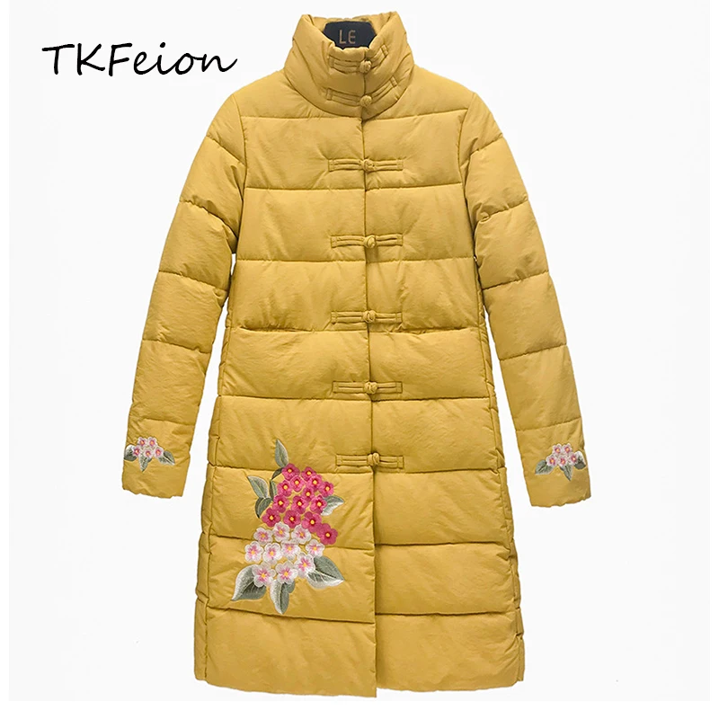 

Women Long Coats Jackets Fashion Floral Embroidery 2019 Autumn Winter Female Warm Cotton-padded Parka Chinese Style Stand Collar