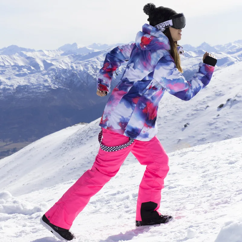 Лыжный костюм женский комплект шпон двойная пластина корейский стиль открытый водонепроницаемый ветрозащитный теплый дышащий Зимний толстый лыжный костюм