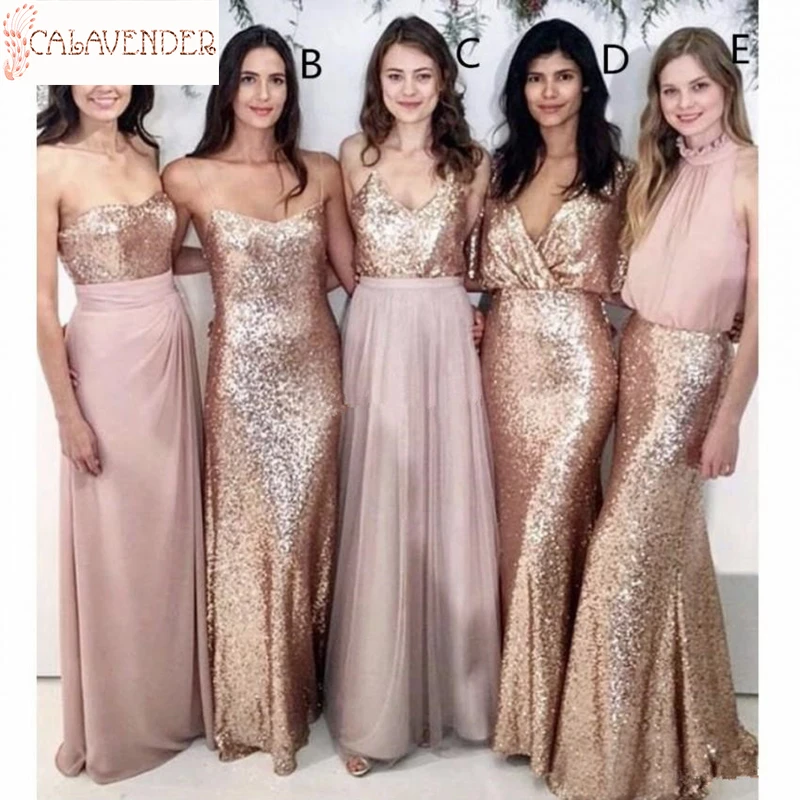 

5 Styles Available Rose Gold Sequin Bridesmaid Dresses vestidos elegantes para mujer Spring Wedding Guest Dresses