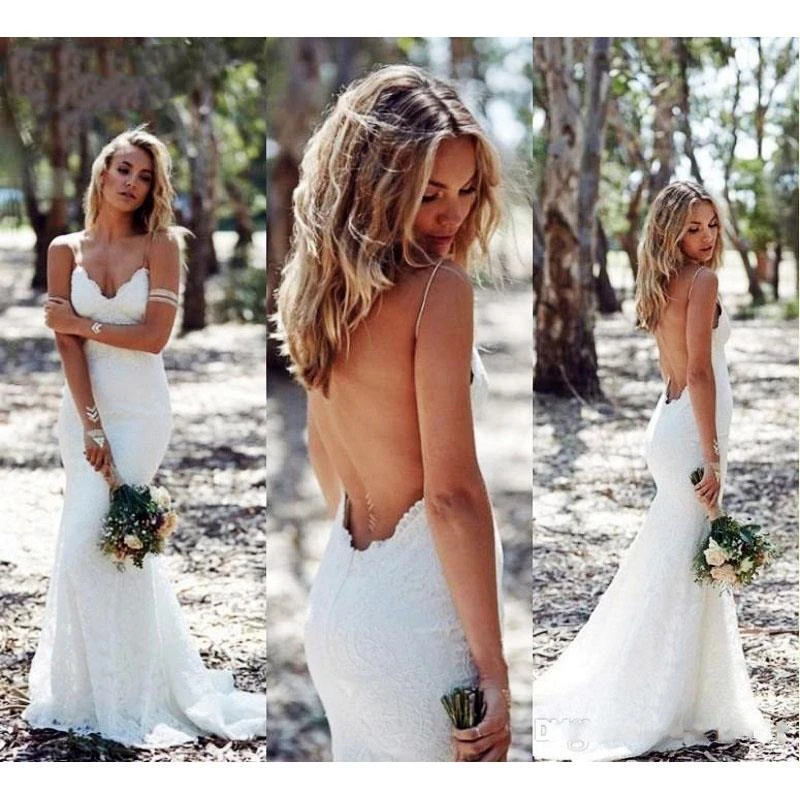 long sleeve bridal gowns White Lace Backless Boho Wedding Dresses 2021 V-neck Spaghetti Straps Summer Mermaid Beach Wedding Gowns Bride Dresses affordable wedding dresses