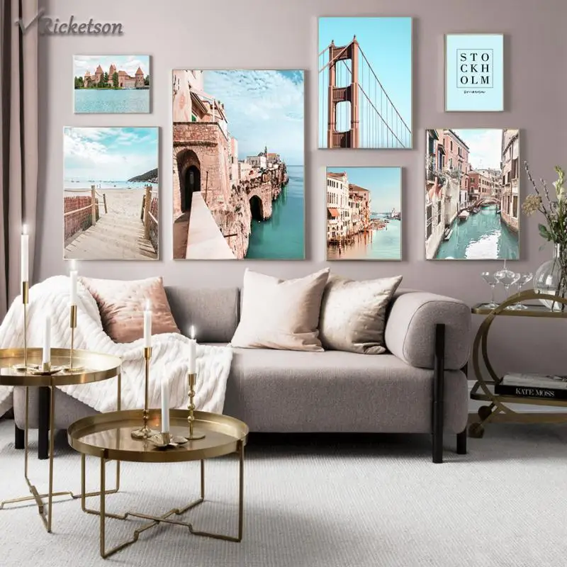 

Venice Beach Canvas Painting Castle Bridge Blue Sky Lake Ship Posters and Prints Wall Art Pictures for Living Room Home Decor