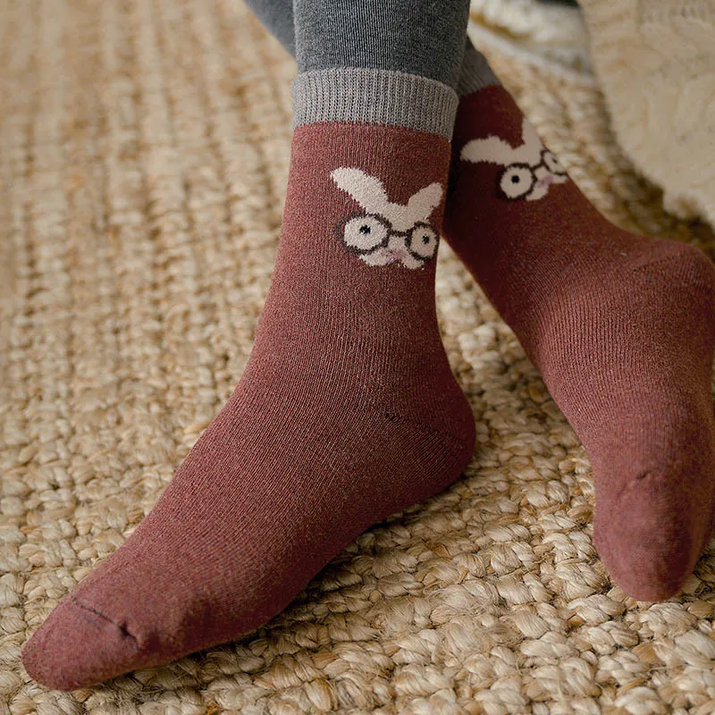 Зимние Утепленные носки для женщин, теплые носки из кроличьей шерсти, милые Мультяшные хлопковые носки, короткие рождественские осенние милые носки, 19 oct15