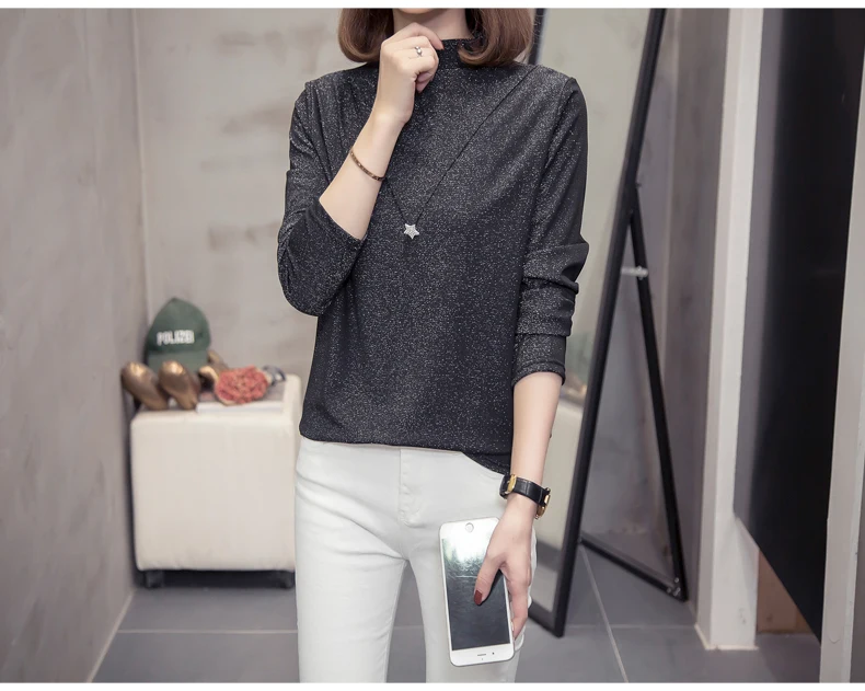 Plus Size Bright Silk Tops Tee Shirts Women 2020 Autumn Trendy Turtleneck Long Sleeve Office Lady Basic T-shirts Oversize Tshirt