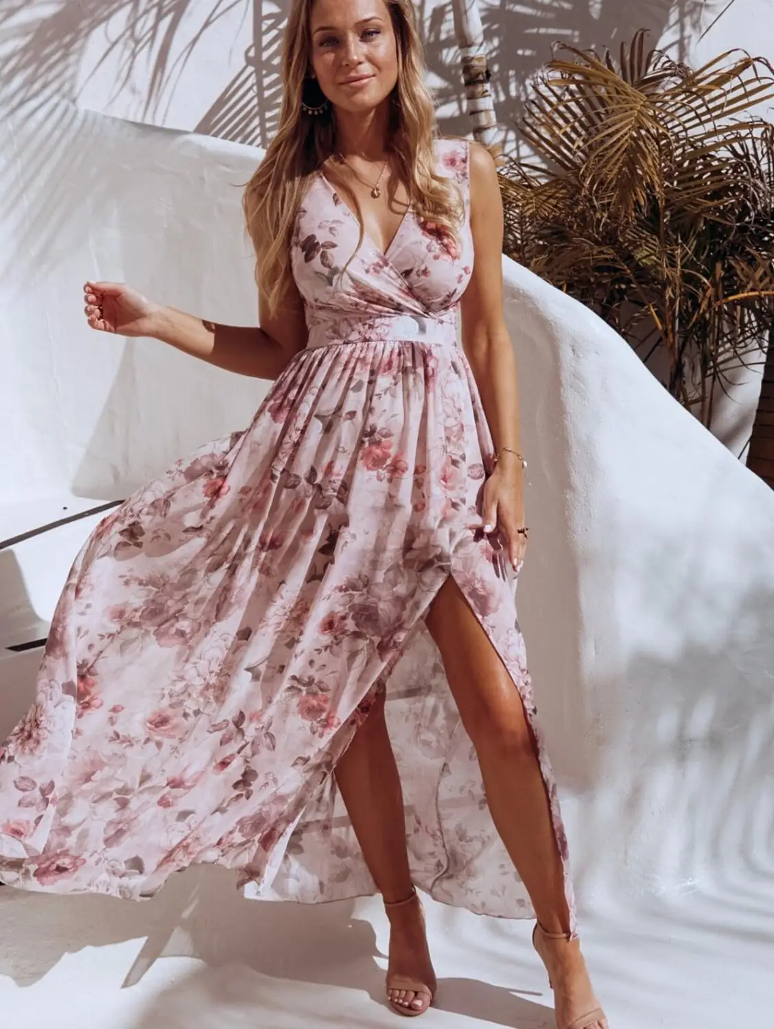 Женский сарафан с разрезом Boho Пляжное вечернее платье без рукавов цветочным