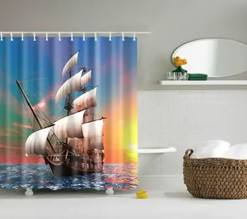

Waterproof Thicken Polyester 3D Shower Curtain Big Sailboat on the Sea Mildew Proof Bath Tub Curtain with 12 pcs Hooks