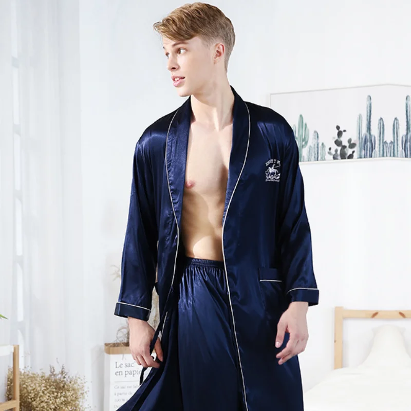 Men\'s Robe Sets Nightgown Satin Silk Summer And Autumn Kimono Bathrobe Gown Long Sleeve Sleepwear 2 Pieces Home Dressing MY440