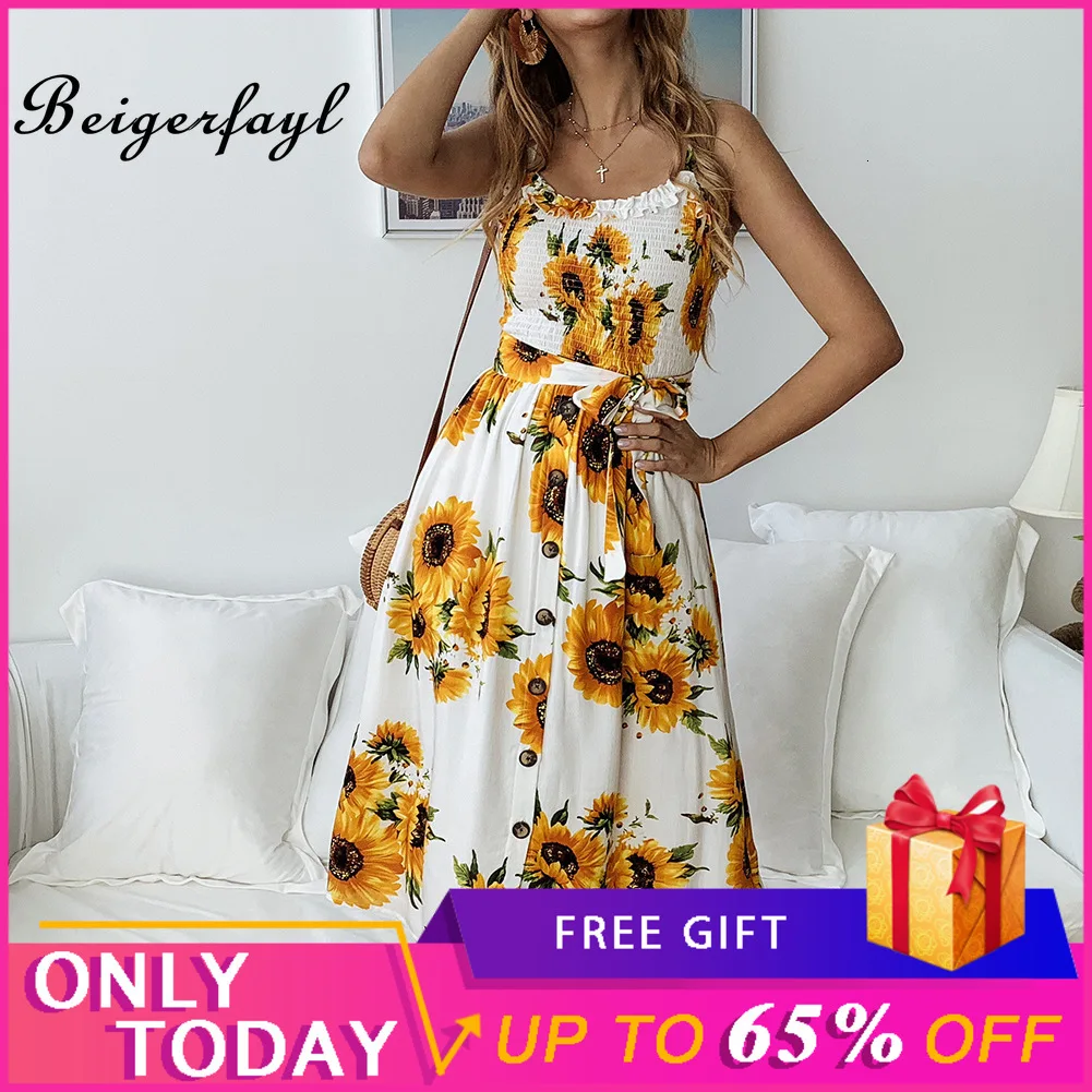 Beigerfayl 2009 New Bohemian Summer Fashion A Line Printed Sleeveless Women Mid Dress Ruffles Spaghetti Strap Dresses OYN800016 | Женская