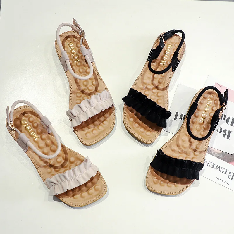 

Bohemian Straight-line Buckle Flounced Sandals Women's Summer Flat 2019 New Style Soft Flat Korean-style Large Size Maternity Sh