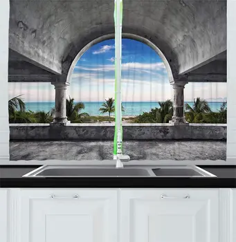 

Grey Blue Ocean Kitchen Curtains Beach Palm Tree View from an Abandoned Mansion Coastal Charm Peaceful Image for Kitchen Cafe