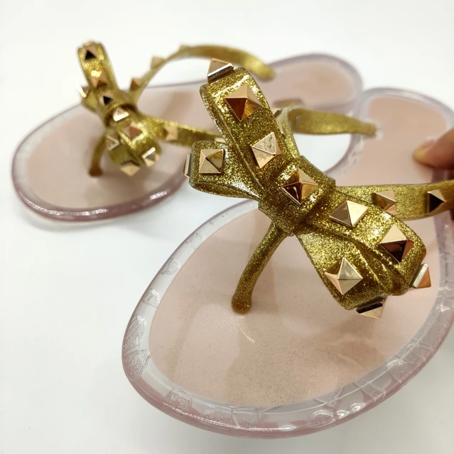 Summer Beach Sandals Woman Flip Flops PVC Slides Female Sandals Rivet Bowknot Slip on Flat with Women Studs Slippers Jelly Shoes Gold