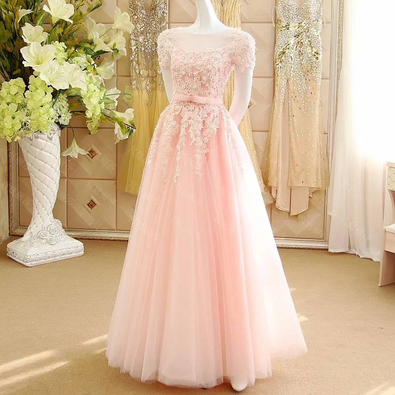 Robe de soiree вечернее платье для выпускного вечера vestido de festa аппликационные жемчужины для кружева дешевые розовые платья с короткими рукавами для матери невесты