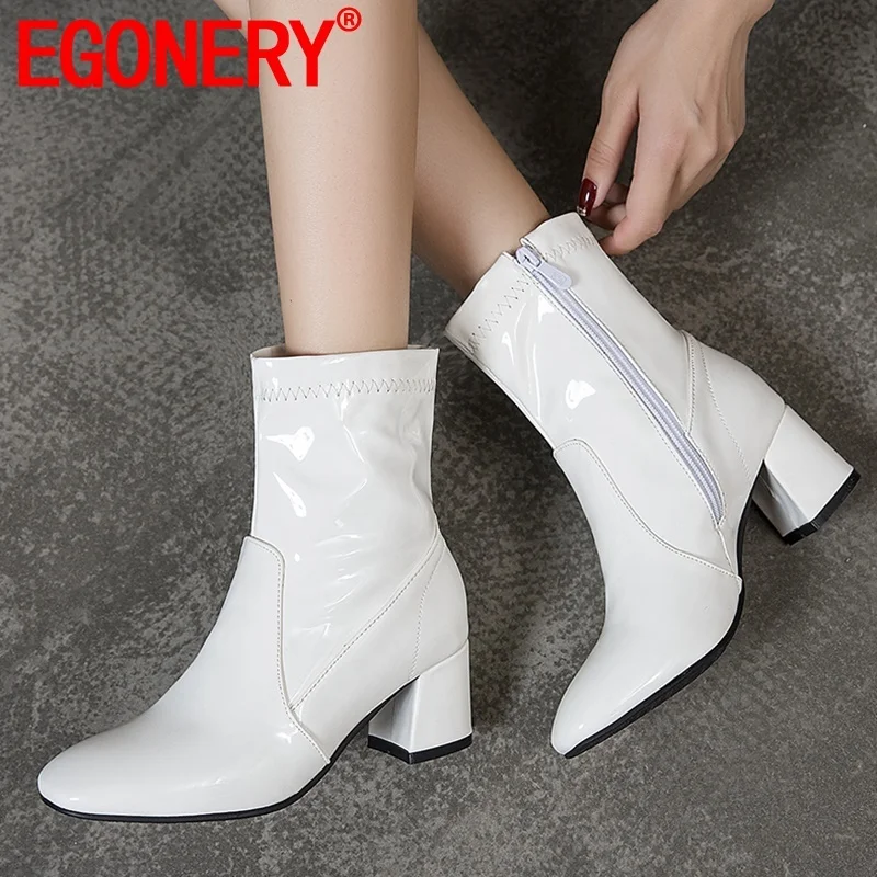 

EGONERY 2019 new concise work ankle boots outside high heels square toe zip patent leather women shoes drop shipping size 34-45