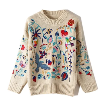 

SEQINYY Beige Sweater 2021 Early Autumn Spring New Fashion Design Women Embroidery Flowers Bohemia Knitting Top Casual