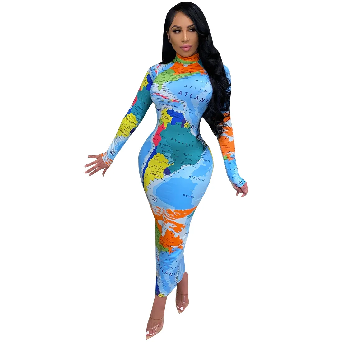 

Dress Ladies Autumn Printing Long Sleeve 2021Women's Sexy Dress Long Skirt