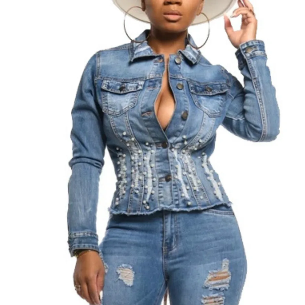 

Women Fashion Streetwear Hand Worn Rivet Sexy Denim Coat Causal Beading Button Pockets Slim Blue Women Jacket Skinny Coat S-2XL