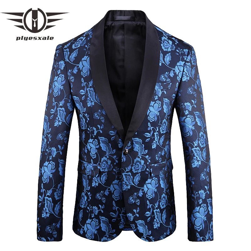 Синий бархатный мужской блейзер для мужчин s Slim Fit Блейзер Куртка 5XL Цветочный узор модный Печатный блейзер для выпускного вечера для мужчин Q743