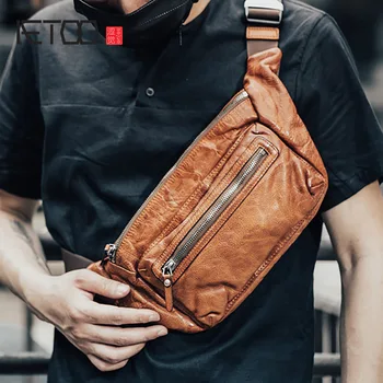 

AETOO Men's waist hanging bag, leather multi-functional stiletto bag, head leather men's chest bag, outdoor casual chest bag