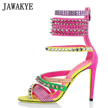 

Pink Yellow Color Blocking High Heel Spike Sandals Open Toe Gladiator Strappy Sandalias Party Shoes Women Runway Heels Shoes