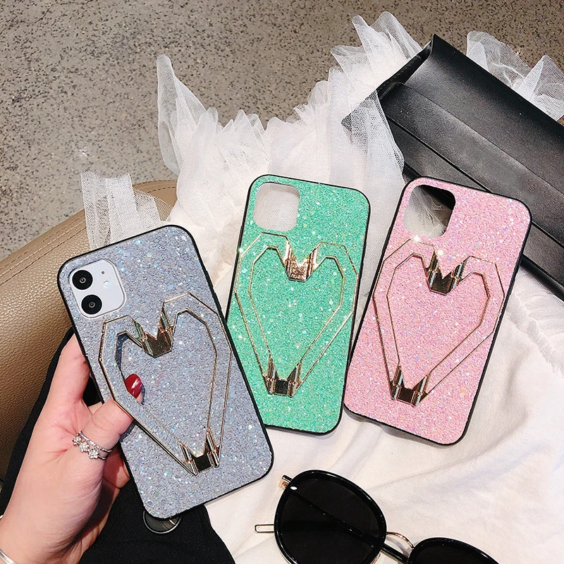 Роскошный кожаный блестящий чехол для телефона с сердечком для iPhone 11 Pro XS MAX XR X 7 8 Plus, сплошной цвет, напульсник, задняя крышка