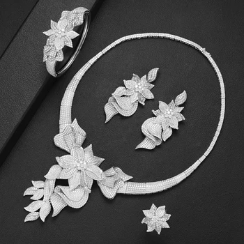 

SISCATHY 4PCS Flower Necklace Earring Bangle Ring Luxury Nigerian Dubai Jewelry Sets For Women CZ Wedding Bridal Jewelry Sets