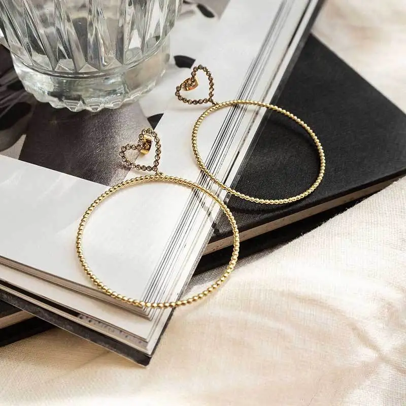 AOMU Korea Heart Crystal Rhinestones Earring Big Circle Pendant Dangle Earring For Women Fashion Drop Earring Ear Jewelry Set