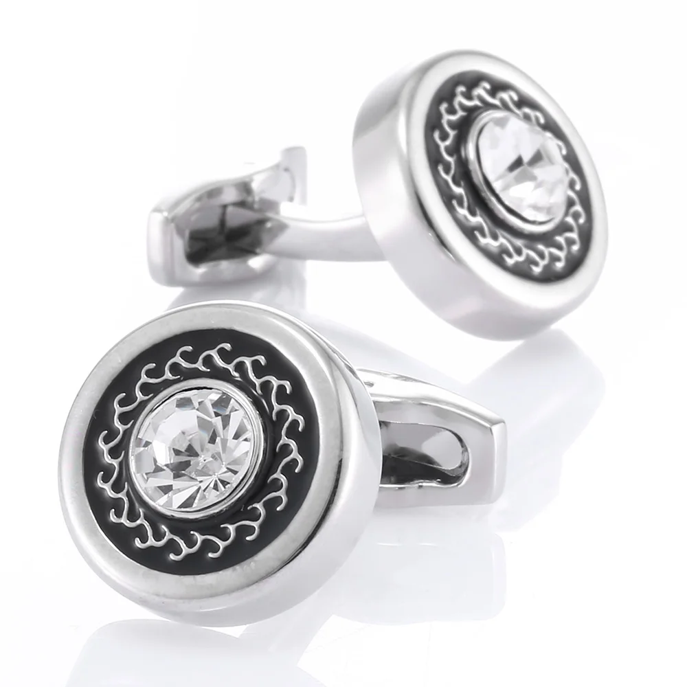 

2019 New Arrived Mens Shirt Cufflinks Silver Round Cuff links Buttons with Crystal Men French Cufflink Shirt Cuffs Jewelry Gifts