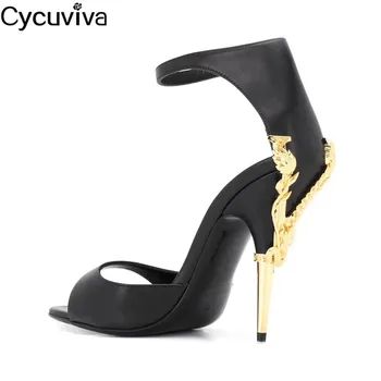 

2020 Runway Gold Metal Studded Heel Women Sandals Sexy Peep Toe Thin High Heels Summer Pumps Fashion Wedding Party Shoes Woman