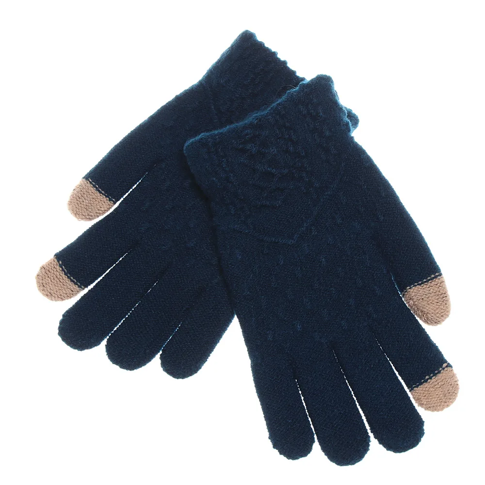 Style2-dark blue Модные вязаные перчатки унисекс для женщин и мужчин, зимние теплые перчатки для экрана телефона, перчатки на весь палец, тянущиеся шерстяные варежки, аксессуары - Цвет: Style2-dark blue