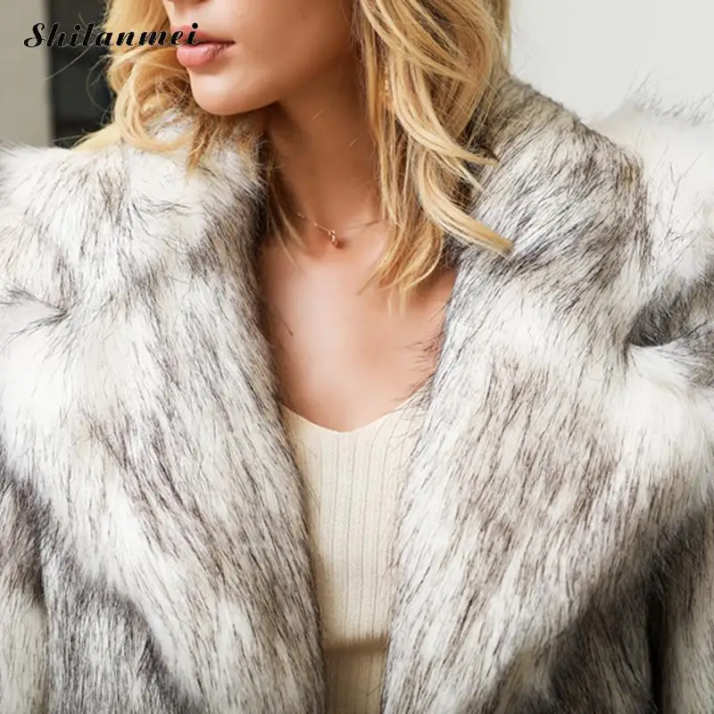 White Furry Faux Fur Coat Women Fashion Fur Collar Plus Size Fur Coat Elegant Flurry Party Club Outwear Thicken Winter Fur Coat