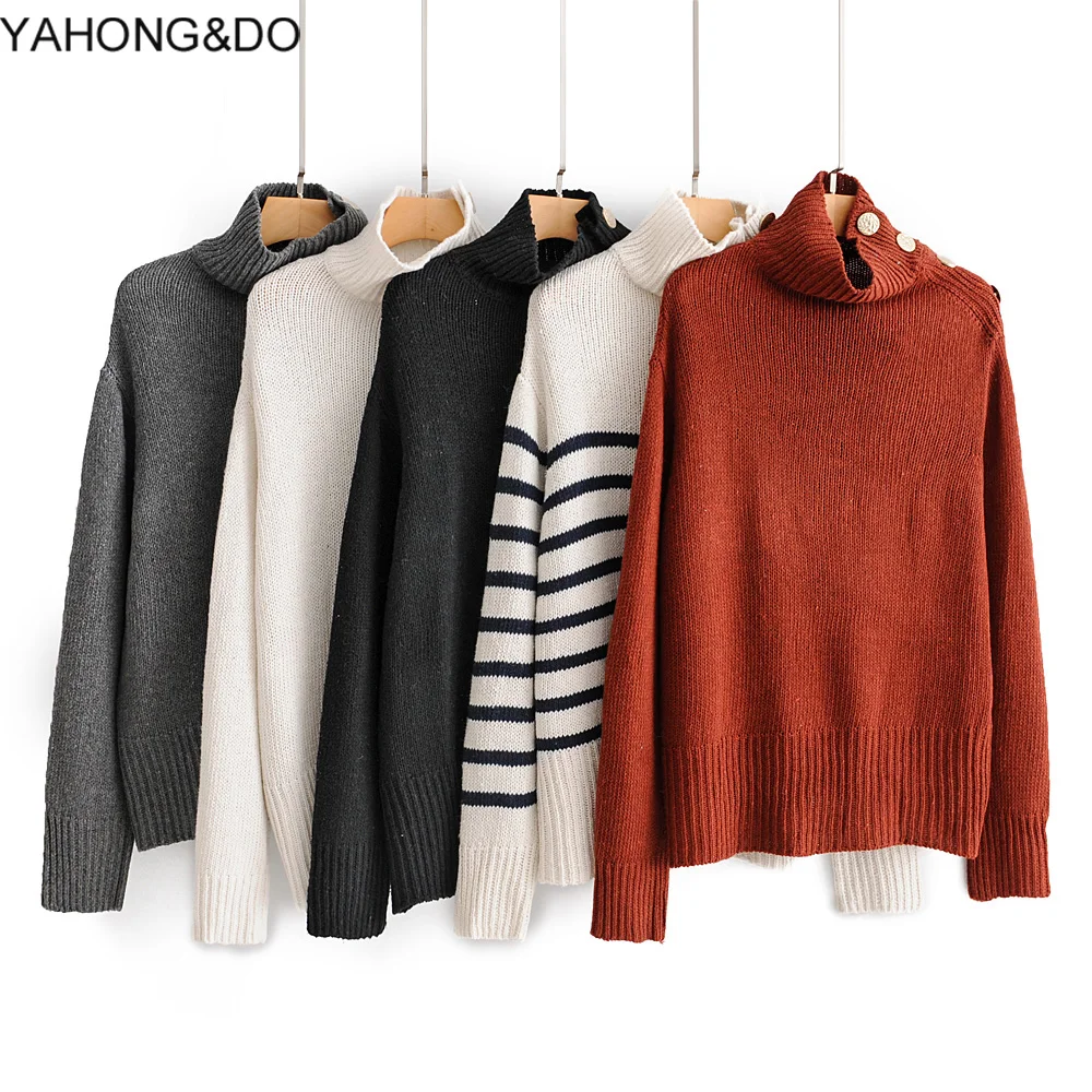 

Za High Quality Women Turtleneck Sweater Winter Pullovers 2019 New Autumn Button Casual Top Striped Elegant Loose Knit Outwear