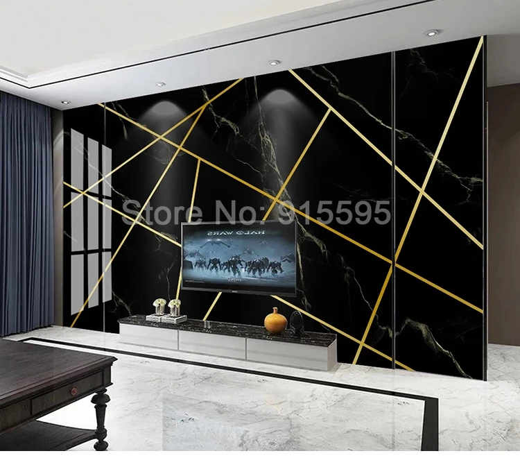 Custom Photo Mural 3d Golden Geometric Lines Black Marble Pattern Living Room Tv Background Home Decor Wallpaper Murals Modern Wallpapers Aliexpress