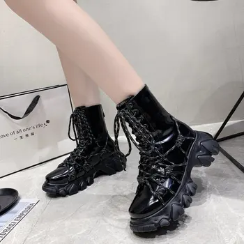 

Autumn Boots Motorcycle Boots Ladies Vintage Combat Army Punk Goth Women Boots Women Black Patent Leather Platform Short Boots