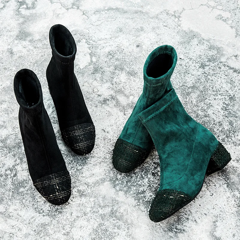 

Green Patchwork round toe martin botines mujer plush korean brief booties woman mid-thick high heels slip on snow boots winter