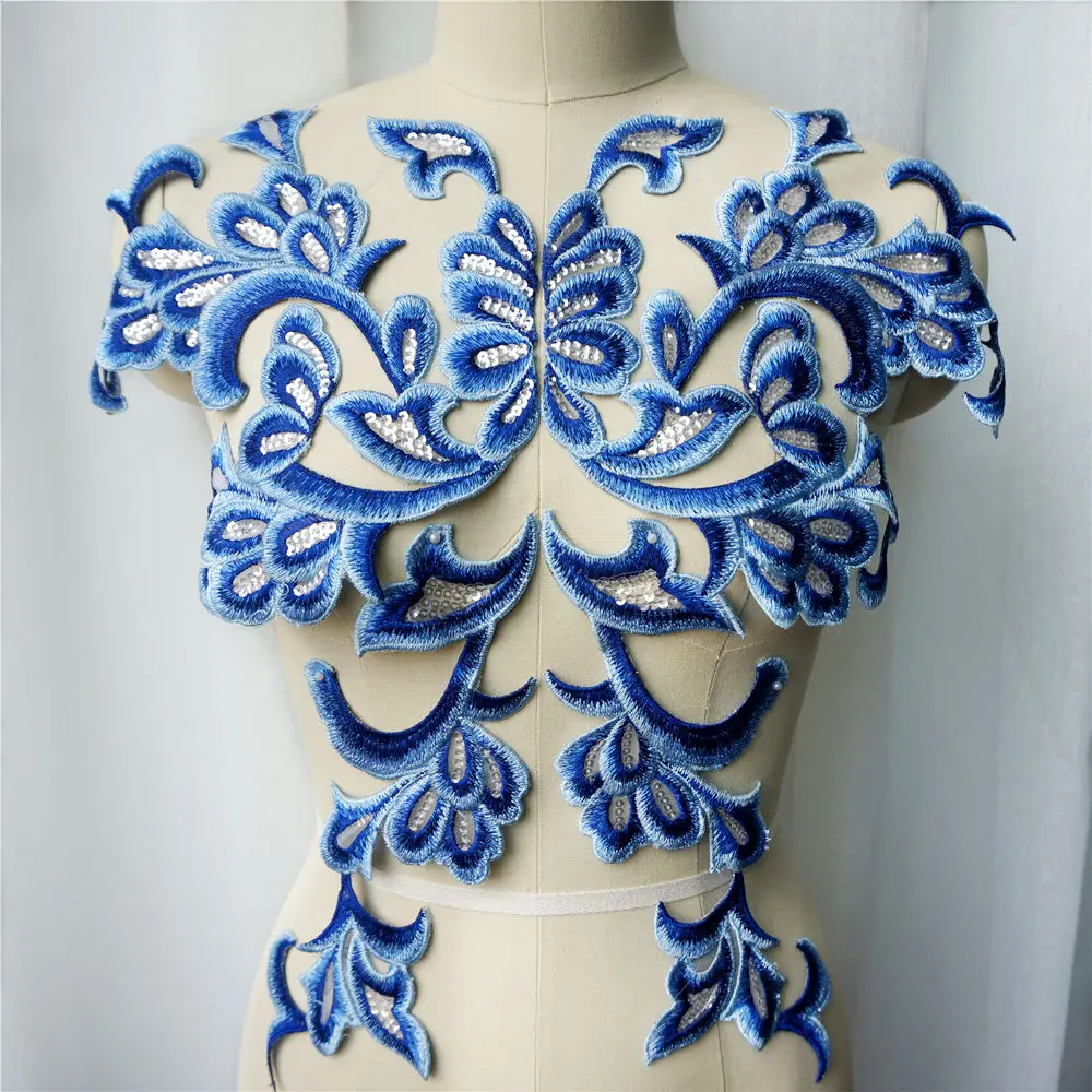 

1 Set 4PCS Blue Embroidered Appliques Sequin Lace Fabric Baroque Gown Collar Sew On Patches For Wedding Decoration Dress DIY