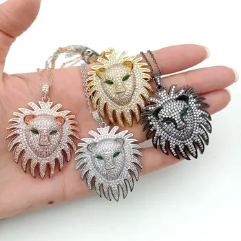 

1pc 44x54mm golden plated Cz micro lion's head pendant chain necklace
