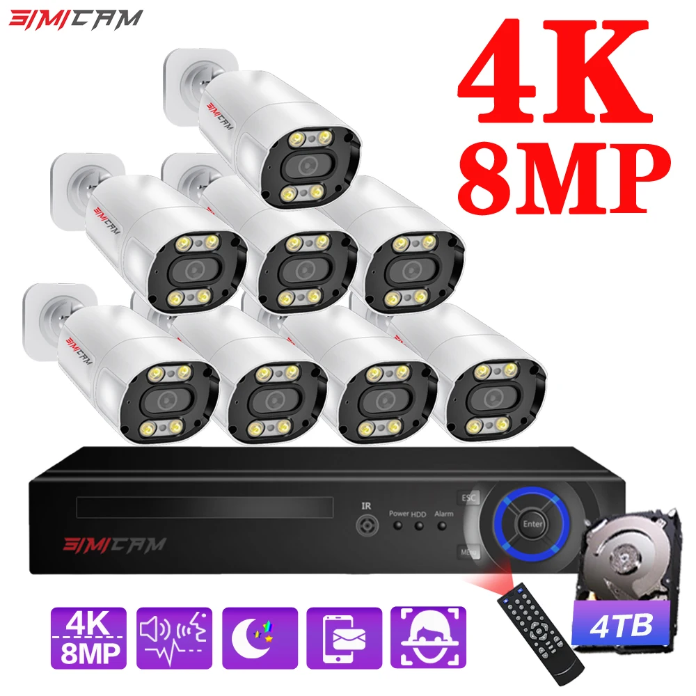 Security Camera 4K 8MP POE IP Security Camera System NVR Kit Face Detection Two Way Audio Metal Bullet With RJ45 Cable Street Video Surveillance