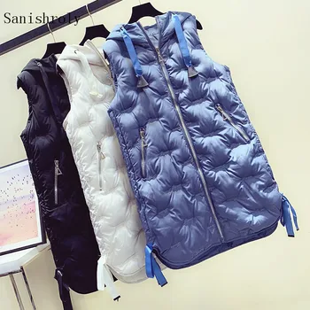 

Sanishroly Women Down Cotton Vest Autumn Winter Warm Thicken Hooded Waistcoat Jacket Female Long Sleeveless Vests Outwear SE777