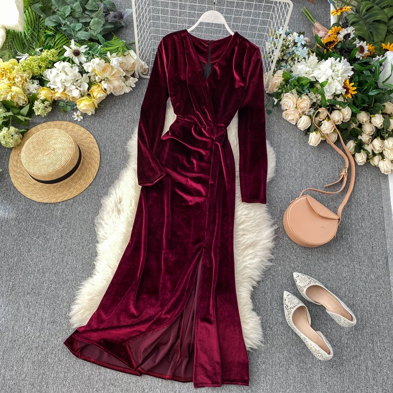 Neploe, v-образный вырез, сексуальное, тонкая талия, длинное, Vestido, темпераментные, вечерние, вельветовое, ТРАПЕЦИЕВИДНОЕ ПЛАТЬЕ С Высокой Талией, одноцветное, с длинным рукавом, весна, Ropa 47886
