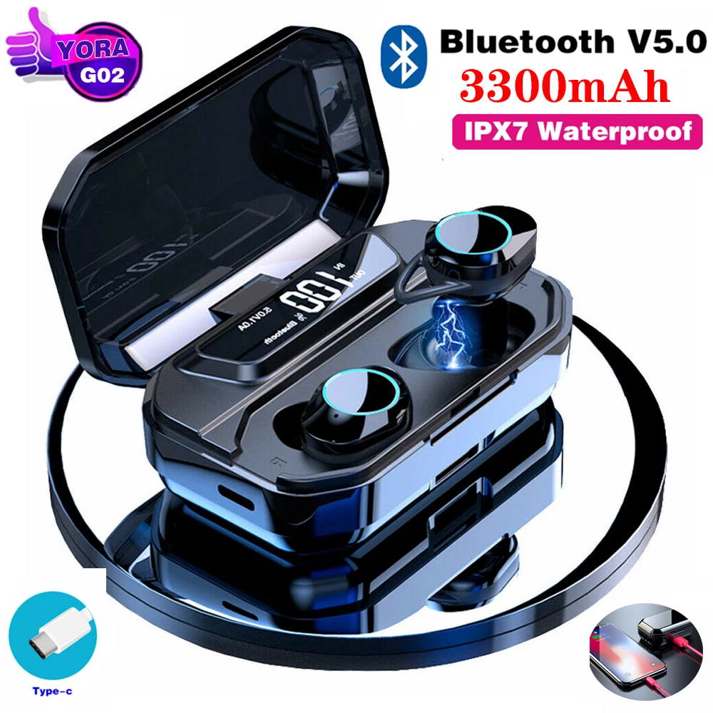 G02 TWS 5 0 Bluetooth 9D стерео наушники беспроводные IPX7 водонепроницаемые 3300 мАч зарядная