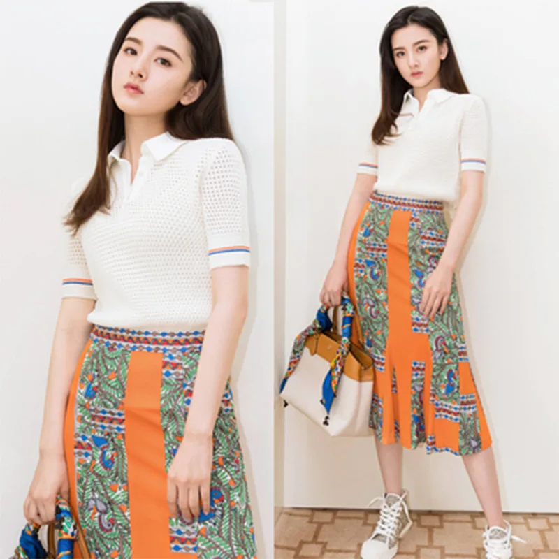

2019 Star Song Joey Celebrity Style Slimming Hollow out Knitted Jacket Printed Fishtail Skirt Slim Fit Two-Piece Set 8813