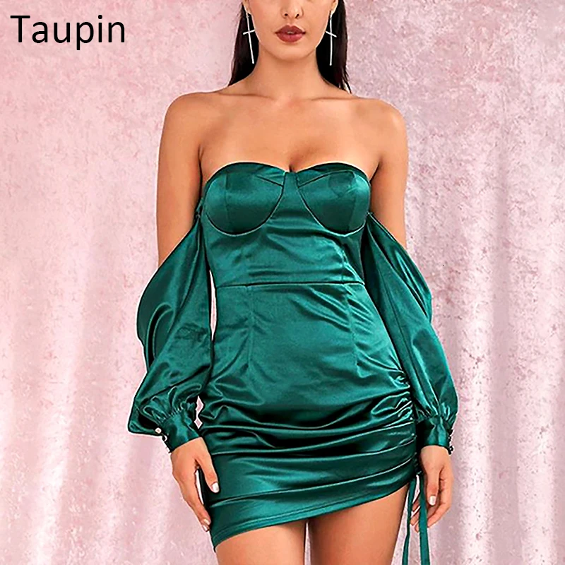 

Taupin Ruched Satin Dress Sleeves Elegant Party Dresses Women Evening Sexy Off Shoulder Orange Club Short Dress Autumn 2019 Robe