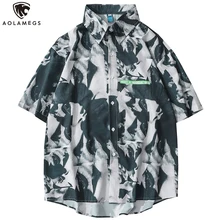 Aolamegs Shirts Men Retro Esthetics Inkjet Printed Short Sleeve Shirt Tops Harajuku High Street Cargo Advanced Summer Streetwear