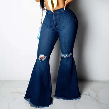 

Vintage Ripped Women Denim Wide Leg Flare Jeans Tsuretobe High Waist Knee Hole Female Trousers Casual Plus Size 3XL Ladies Jeans
