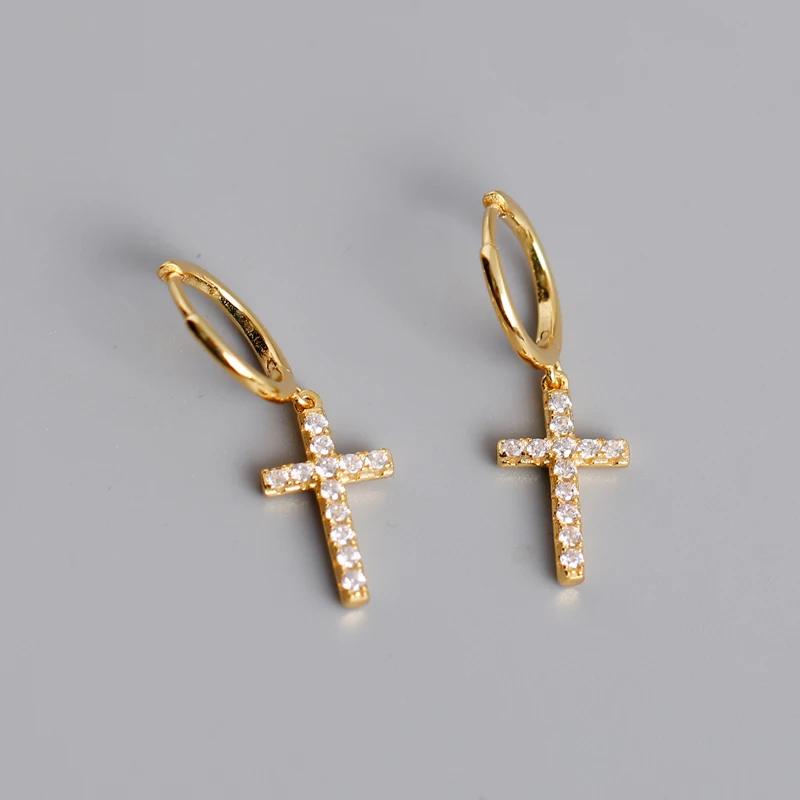 

925 Silver Cross Earring Shiny Zircon Gold Pendant Drop Earrings for Women 2020 Punk Fashion Modern Jewelry Gift