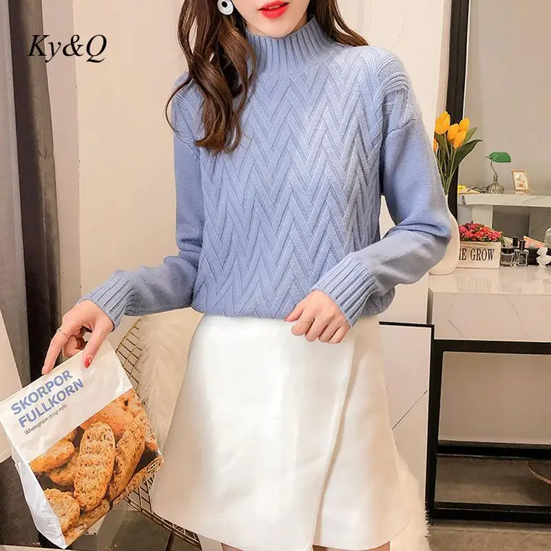 Brand Designer 2019 Women Simple Solid Color Twill Turtleneck Long Sleeve Pullover Sweater Winter Knit Loose Luxury warm Jumper | Женская