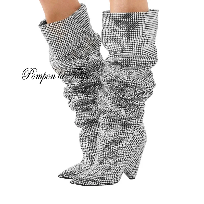 

Rhinestone Luxury Crystal Knee High Women Boots Suede Microfiber Leather 10CM Spike High Heel 2019 Winter Fashion Street Trend