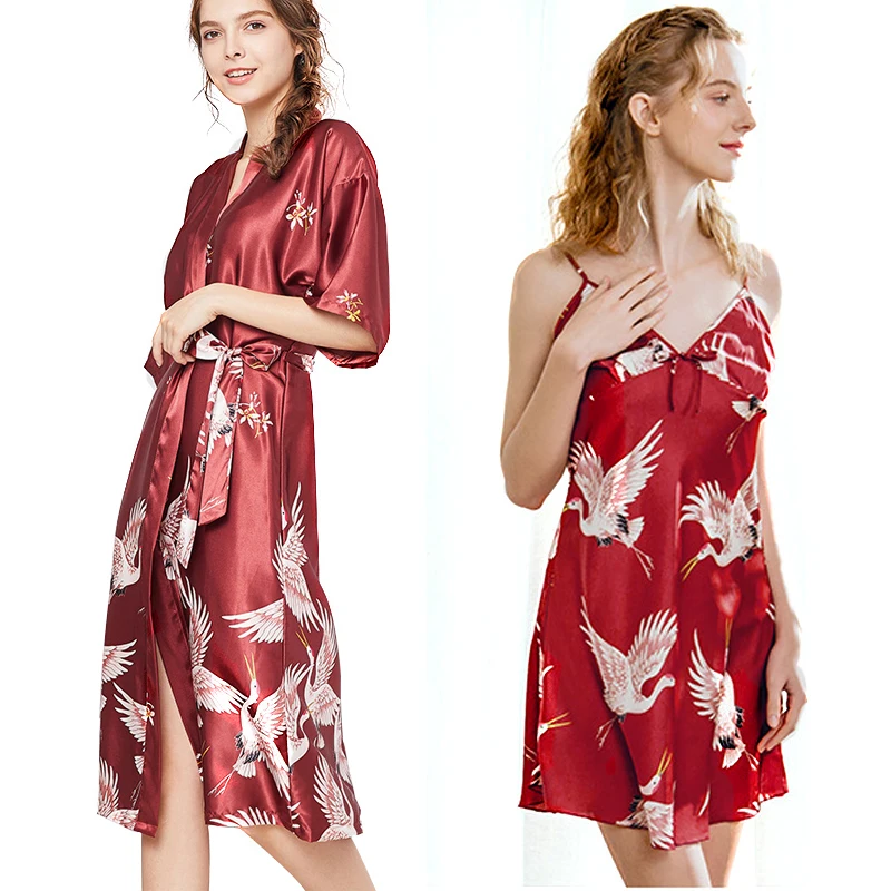 

Silk Sleeping Dress Pajama Women Long Red Nightwear Morning Gown Home Nightgown Women Robe Women Sleeping Clothes YN1431