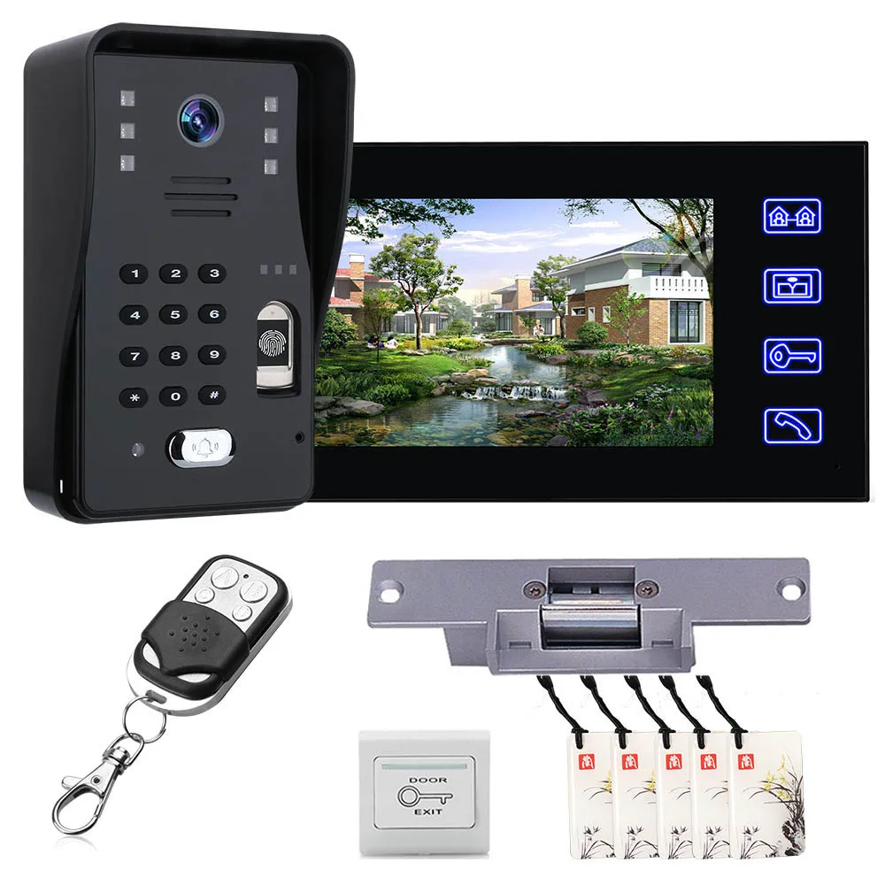 

7 inch Fingerprint RFID Video Door Phone Intercom Doorbell Kits with NO Electric Strike Lock+Wireless Remote Control RFID Unlock